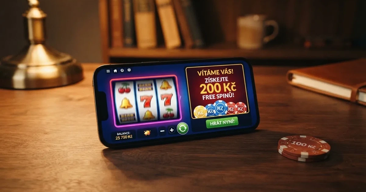 Koláž zobrazující online casino rozhraní s bonusovou nabídkou, volnými otočkami a českou korunou