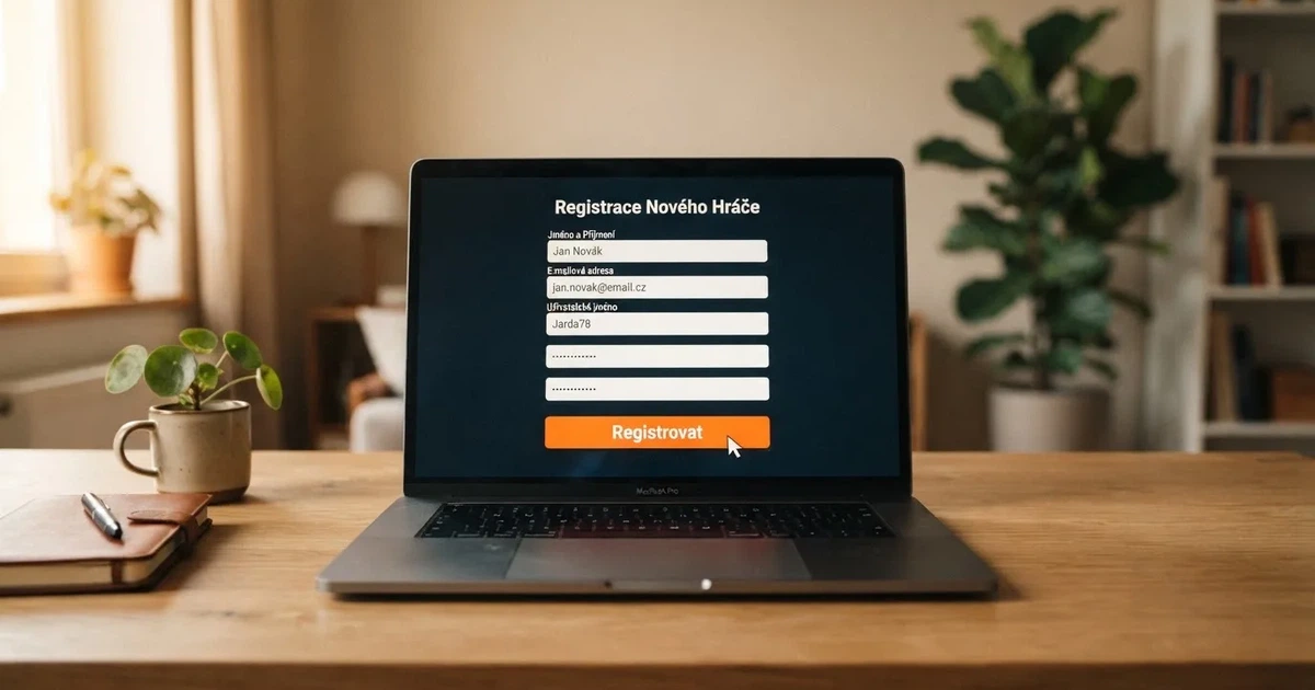 Registrační formulář online casina s vyplněnými poli pro jméno, e-mail a heslo — obrazovka počítače s kurzorem myši nad tlačítkem „Registrovat“