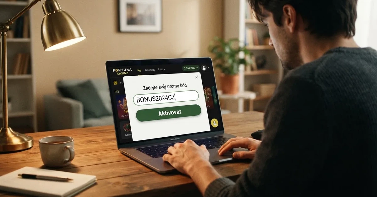 Hráč zadává promo kód na stránce online casina na notebooku, na obrazovce je vidět pole pro zadání kódu a tlačítko Aktivovat