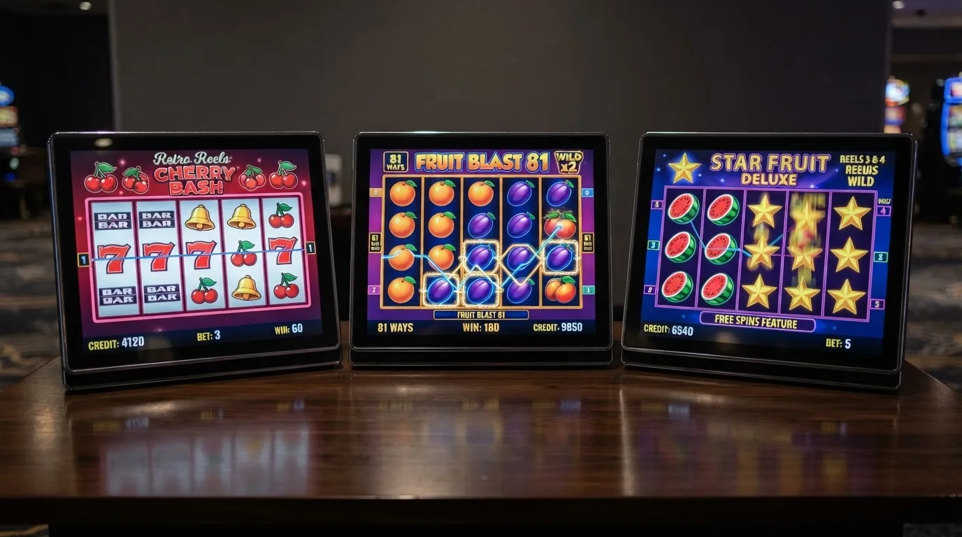 Obrazovky tří oblíbených automatů — Respin Joker, Multiplay 81 a Midnight Fruits 81 — vedle sebe s viditelnými výherními liniemi