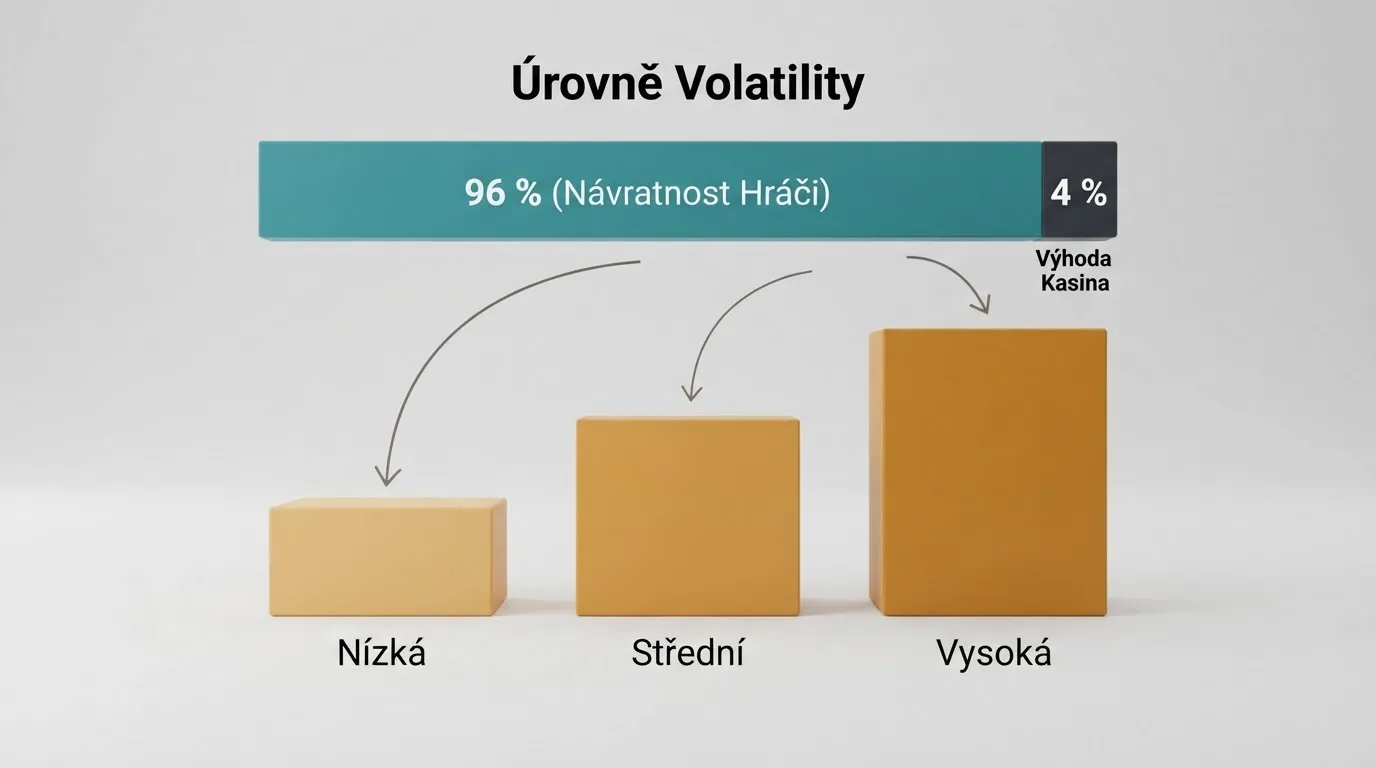 Infografika znázorňující vztah mezi RTP, house edge a volatilitou — procenta a šipky