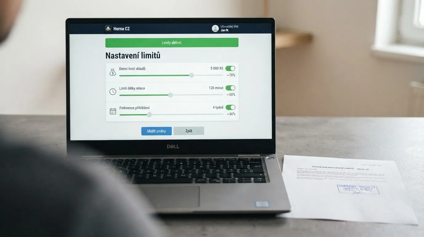 Úřední dokument s logem Ministerstva financí ČR a razítkem vedle obrazovky s nastavením herních limitů v českém online casinu
