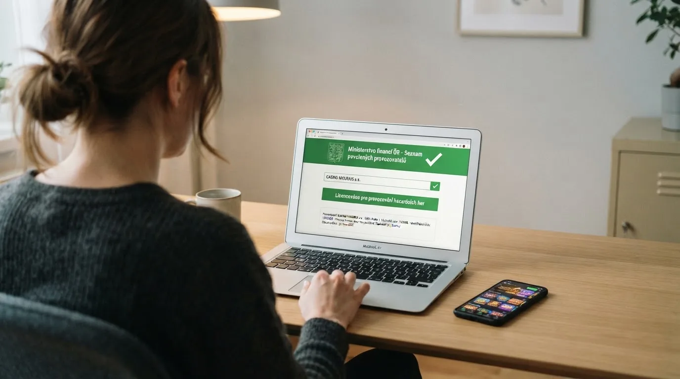 Úřední dokument s razítkem Ministerstva financí ČR vedle displeje s online casinem