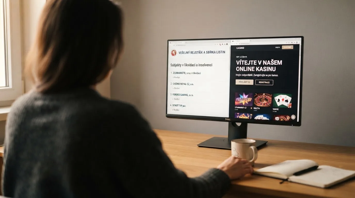 Úřední výpis z rejstříku MF ČR vedle loga vybraného licencovaného online casina na monitoru
