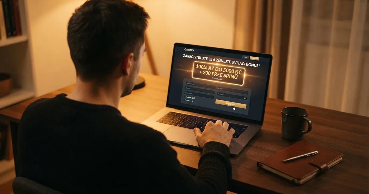 Hráč u počítače si prohlíží registrační formulář českého online casina s viditelnou nabídkou bonusu za registraci