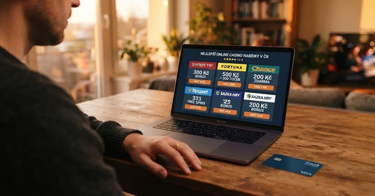 Hráč sedí u notebooku a prohlíží si nabídku licencovaných českých online kasin, na stole leží občanský průkaz a platební karta