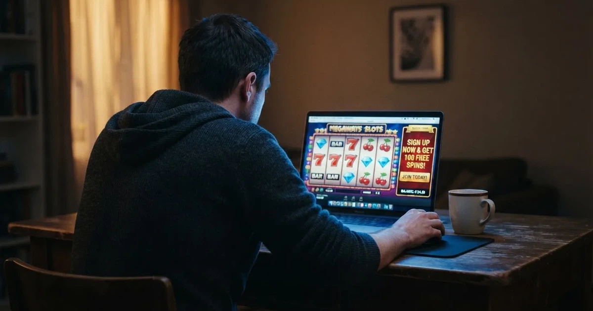 Hráč si na notebooku prohlíží přehled licencovaných zahraničních online kasin s bonusem za registraci