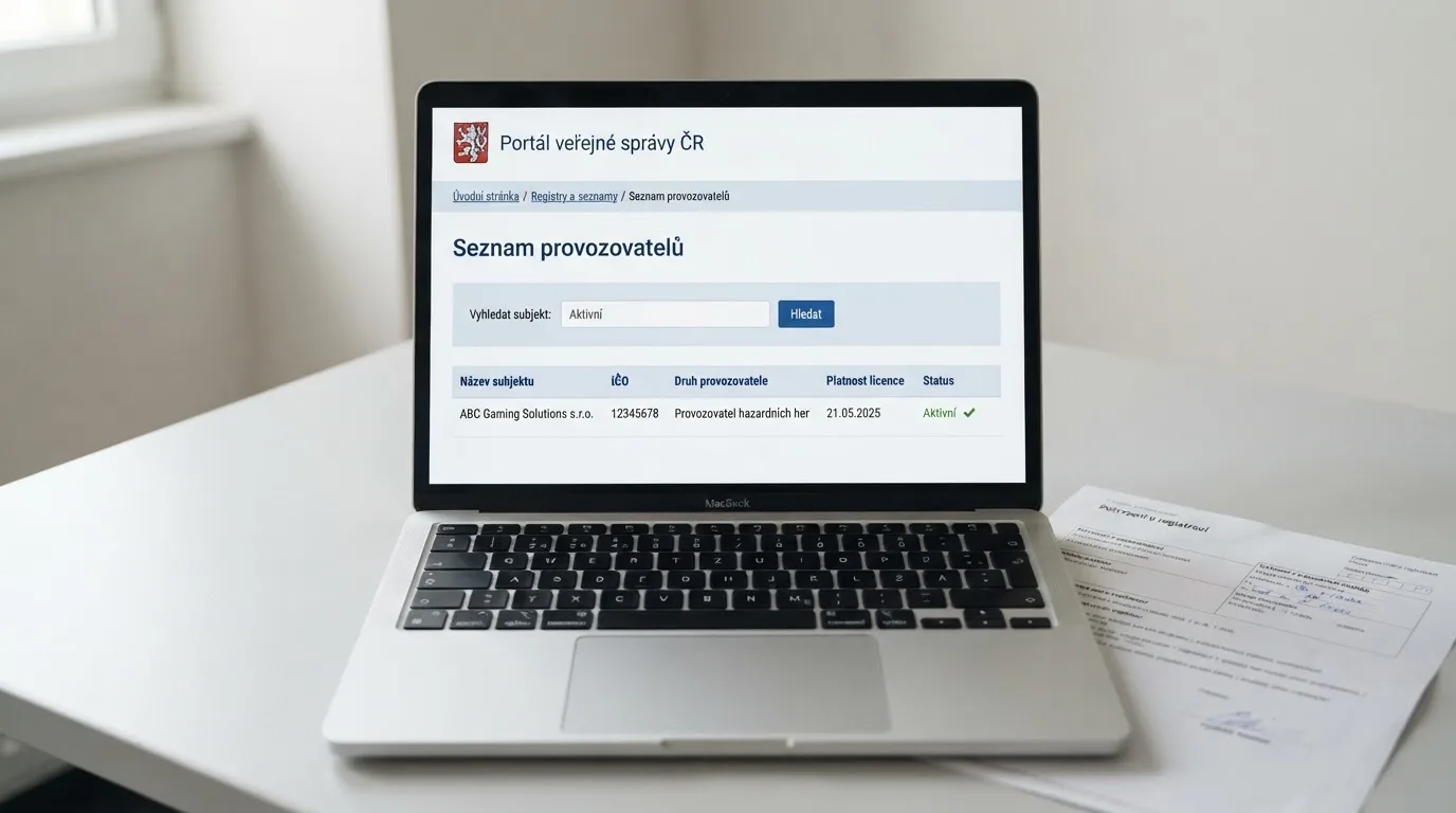Výřez z webové stránky Ministerstva financí ČR s vyhledáváním v seznamu provozovatelů hazardních her