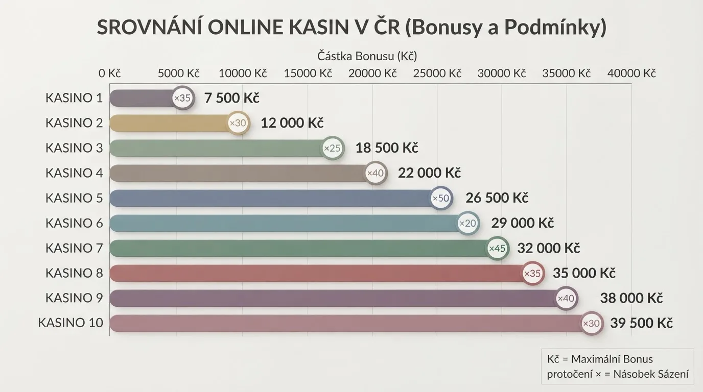 Srovnávací tabulka uvítacích bonusů deseti českých licencovaných kasin s částkami v korunách a podmínkami protočení