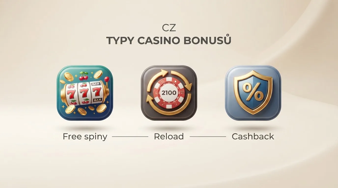 Přehledná infografika znázorňující druhy bonusů — free spiny, reload, cashback — s ikonami a popisky