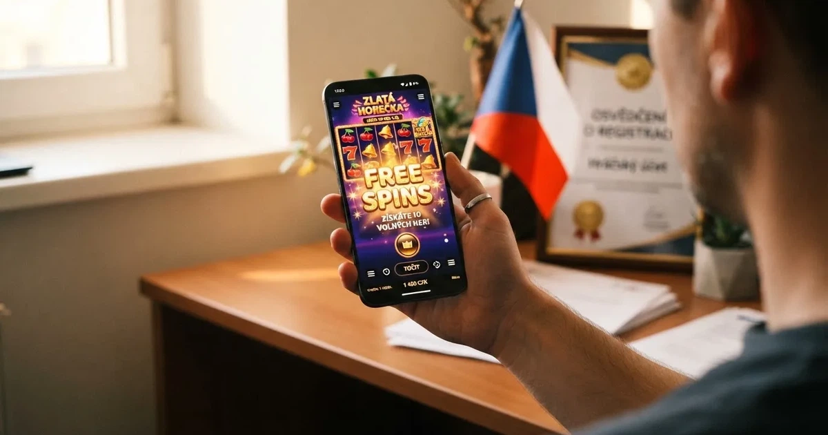 Hráč drží mobil s roztočeným automatem, na obrazovce svítí nápis „Free Spins“, v pozadí česká vlajka a symbol licence