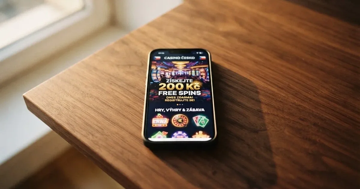 Mobilní telefon zobrazující casino lobby s nabídkou volných zatočení za registraci bez vkladu