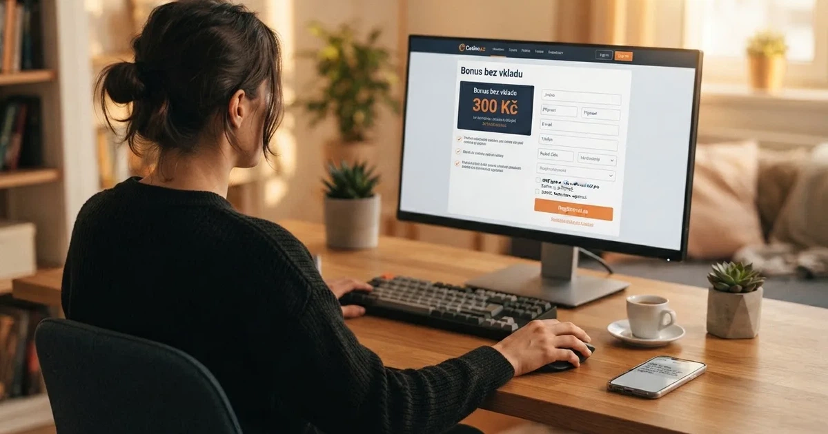 Registrace v online casinu na monitoru, vedle něj mobil s potvrzovacím emailem a bonusovou nabídkou — bez loga konkrétního operátora